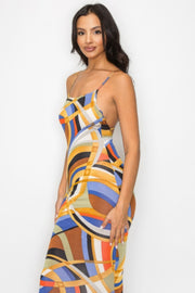 Crossed Back Marble Print Multicolor Midi Dress - Fashionmj