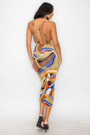 Crossed Back Marble Print Multicolor Midi Dress - Fashionmj