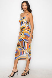 Crossed Back Marble Print Multicolor Midi Dress - Fashionmj