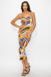 Crossed Back Marble Print Multicolor Midi Dress - Fashionmj