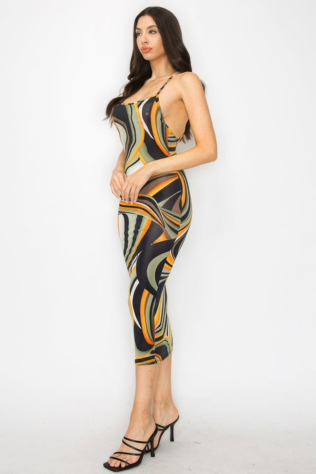 Crossed Back Marble Print Multicolor Midi Dress - Fashionmj