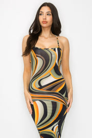 Crossed Back Marble Print Multicolor Midi Dress - Fashionmj