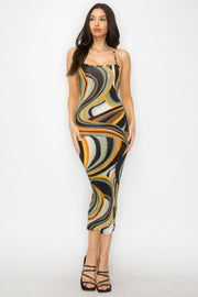 Crossed Back Marble Print Multicolor Midi Dress - Fashionmj