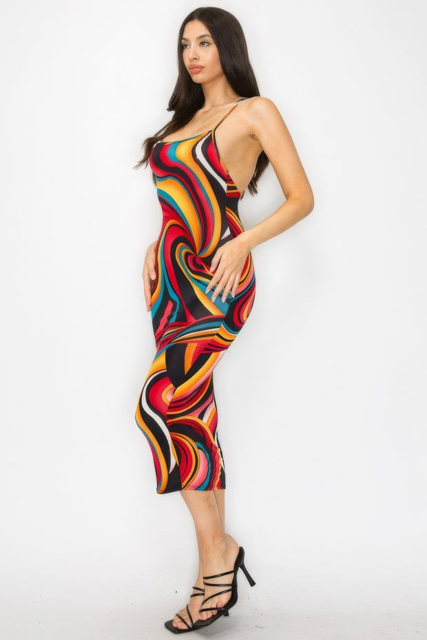 Crossed Back Marble Print Multicolor Midi Dress - Fashionmj