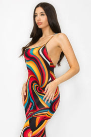 Crossed Back Marble Print Multicolor Midi Dress - Fashionmj