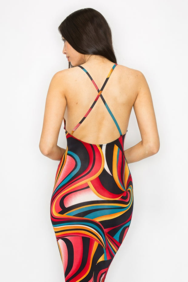 Crossed Back Marble Print Multicolor Midi Dress - Fashionmj