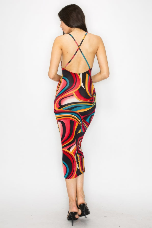 Crossed Back Marble Print Multicolor Midi Dress - Fashionmj