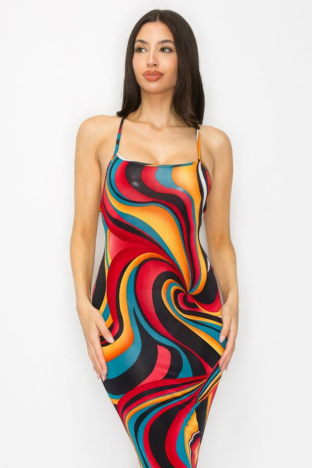 Crossed Back Marble Print Multicolor Midi Dress - Fashionmj