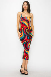 Crossed Back Marble Print Multicolor Midi Dress - Fashionmj