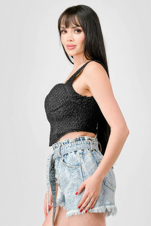 Crinkle Stretch Knit Sweetheart Hooked Bustier Cropped Top - Fashionmj