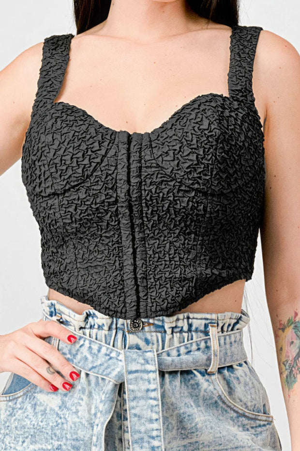 Crinkle Stretch Knit Sweetheart Hooked Bustier Cropped Top - Fashionmj