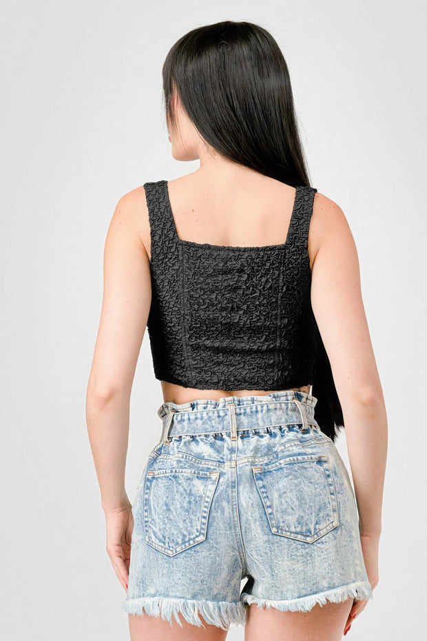 Crinkle Stretch Knit Sweetheart Hooked Bustier Cropped Top - Fashionmj