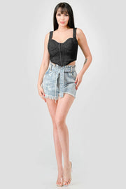 Crinkle Stretch Knit Sweetheart Hooked Bustier Cropped Top - Fashionmj