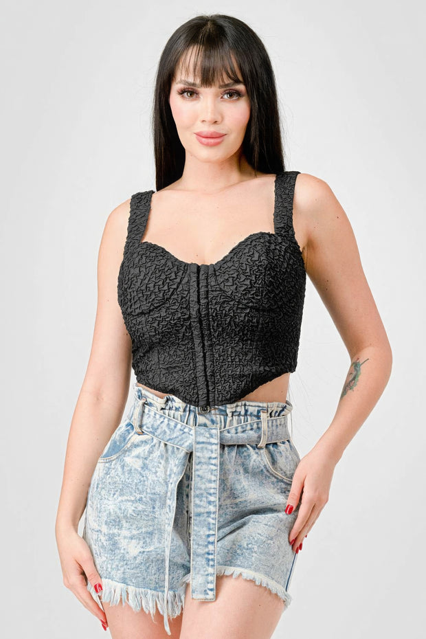 Crinkle Stretch Knit Sweetheart Hooked Bustier Cropped Top - Fashionmj