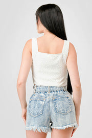 Crinkle Stretch Knit Sweetheart Hooked Bustier Cropped Top - Fashionmj