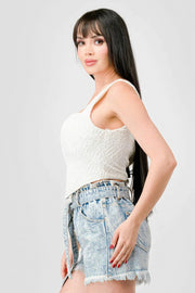 Crinkle Stretch Knit Sweetheart Hooked Bustier Cropped Top - Fashionmj