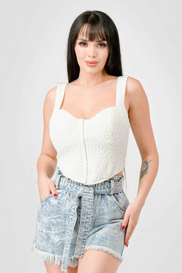 Crinkle Stretch Knit Sweetheart Hooked Bustier Cropped Top - Fashionmj