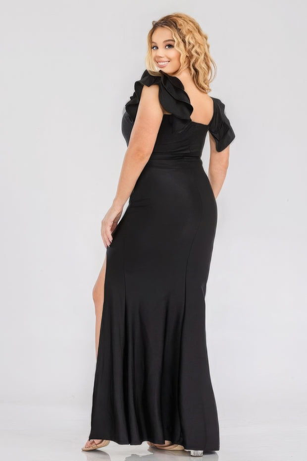 Plus Satin Strech Ruffle Party Maxi Dress - Fashionmj