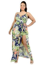 Plus Tropical Leaf Print Surplice Maxi Dress - Fashionmj