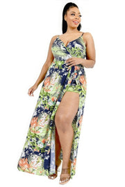 Plus Tropical Leaf Print Surplice Maxi Dress - Fashionmj