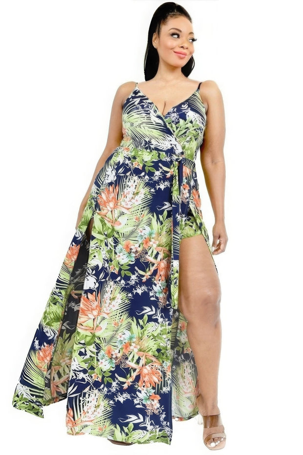 Plus Tropical Leaf Print Surplice Maxi Dress - Fashionmj