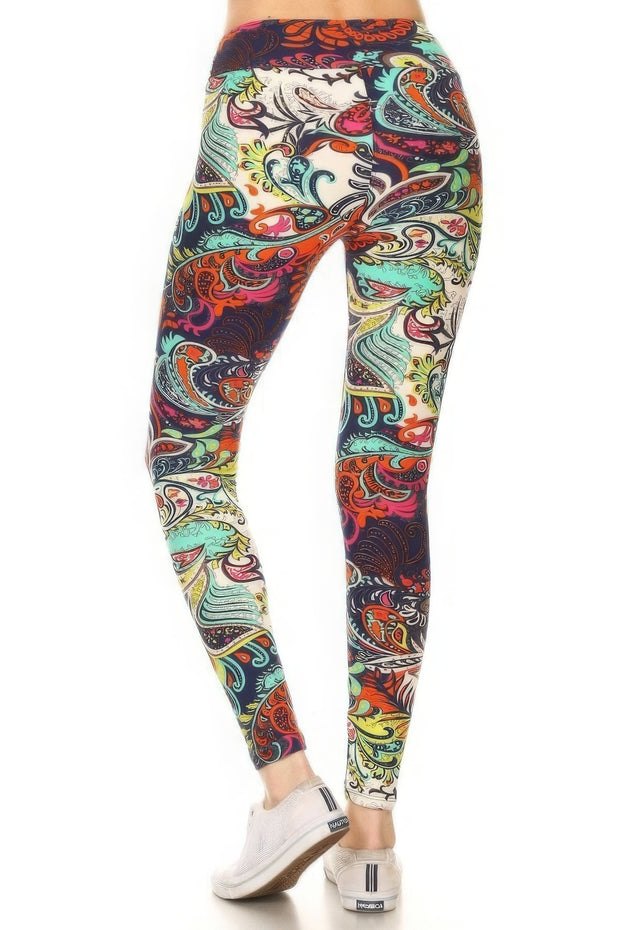 Yoga Style Banded Lined Multicolored Mixed Paisley Print, Full Length Leggings - Fashionmj