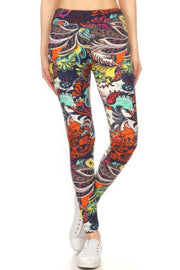 Yoga Style Banded Lined Multicolored Mixed Paisley Print, Full Length Leggings - Fashionmj