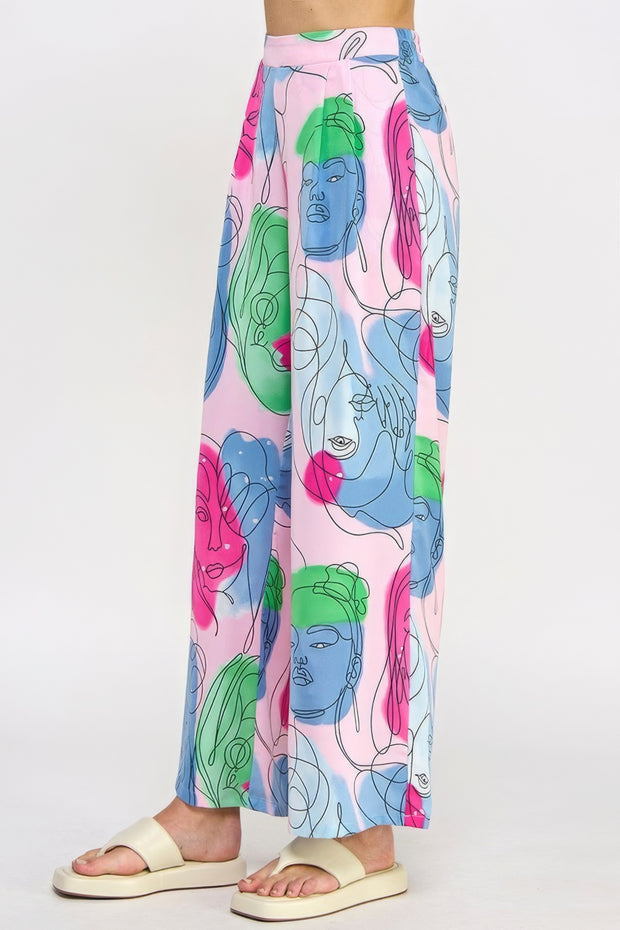 Printed Wide Leg Pant With Elastic Back - Fashionmj