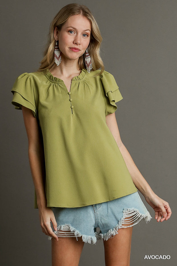 Boxy Cut Faux Button Ruffle Neckline Top With Short Layered Sleeves - Fashionmj