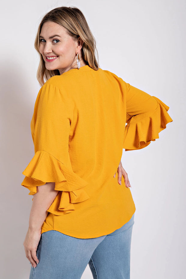 Ruffled Bell Sleeve And Front Pleated Detail Top - Fashionmj