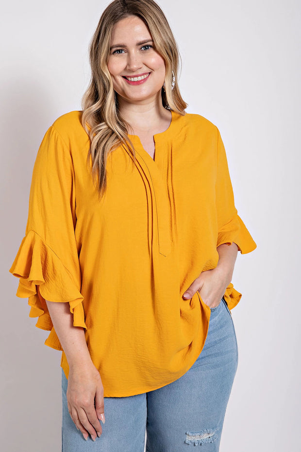 Ruffled Bell Sleeve And Front Pleated Detail Top - Fashionmj