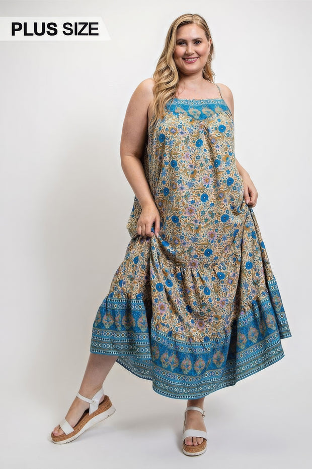 Floral And Aztec Print Drop Down Maxi Dress With Spaghetti Strap - Fashionmj