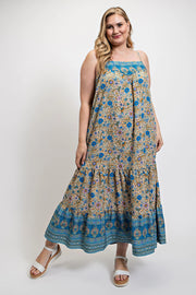 Floral And Aztec Print Drop Down Maxi Dress With Spaghetti Strap - Fashionmj