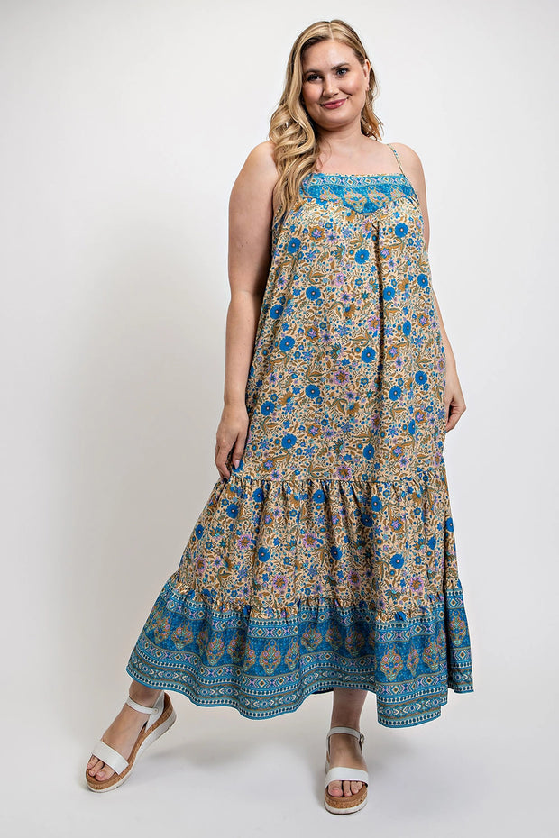 Floral And Aztec Print Drop Down Maxi Dress With Spaghetti Strap - Fashionmj