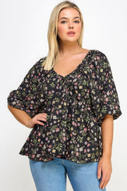 Floral V-neck Babydoll Balloon Slv Top - Fashionmj