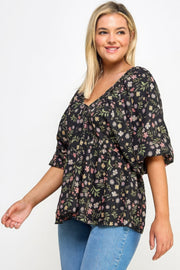 Floral V-neck Babydoll Balloon Slv Top - Fashionmj