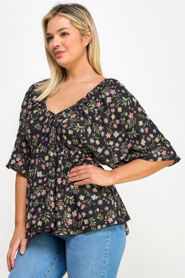 Floral V-neck Babydoll Balloon Slv Top - Fashionmj