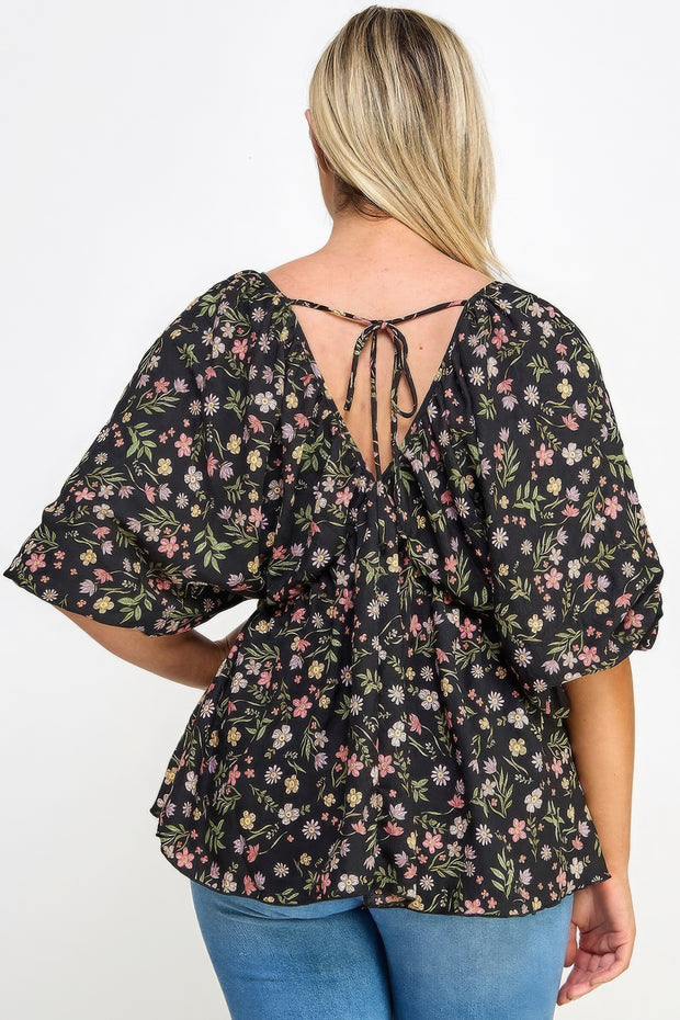 Floral V-neck Babydoll Balloon Slv Top - Fashionmj