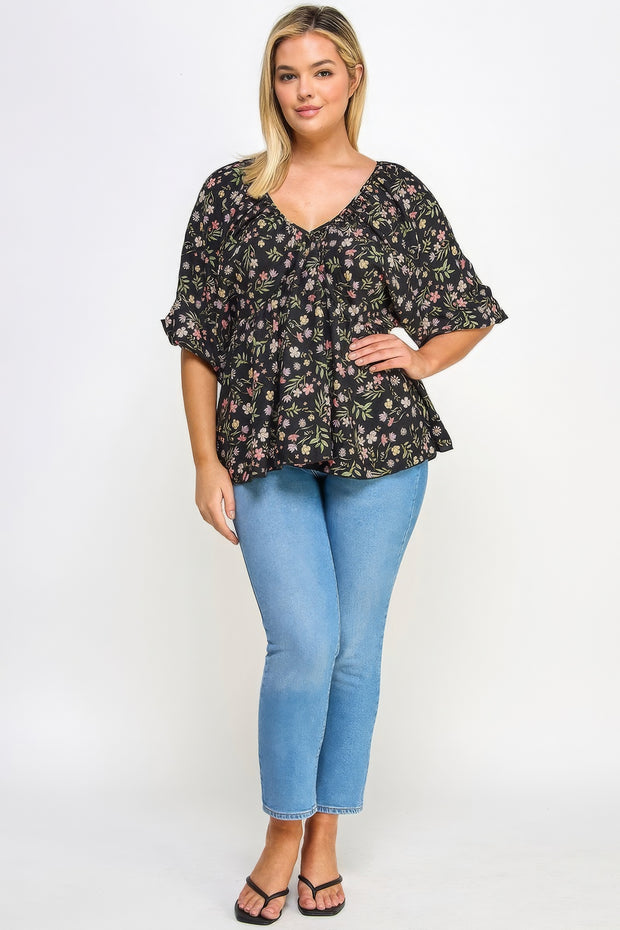 Floral V-neck Babydoll Balloon Slv Top - Fashionmj