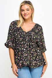 Floral V-neck Babydoll Balloon Slv Top - Fashionmj