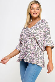 Floral V-neck Babydoll Balloon Slv Top - Fashionmj