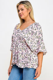 Floral V-neck Babydoll Balloon Slv Top - Fashionmj