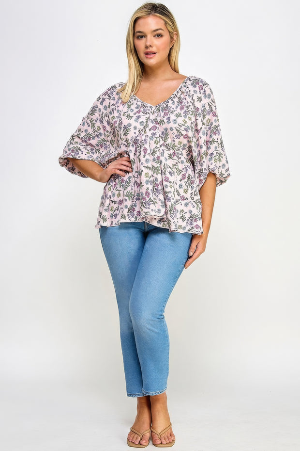 Floral V-neck Babydoll Balloon Slv Top - Fashionmj