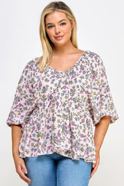 Floral V-neck Babydoll Balloon Slv Top - Fashionmj