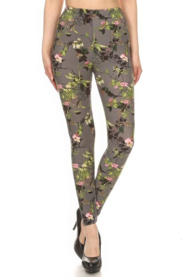 Floral Printed High Waisted Leggings With An Elastic Waist - Fashionmj