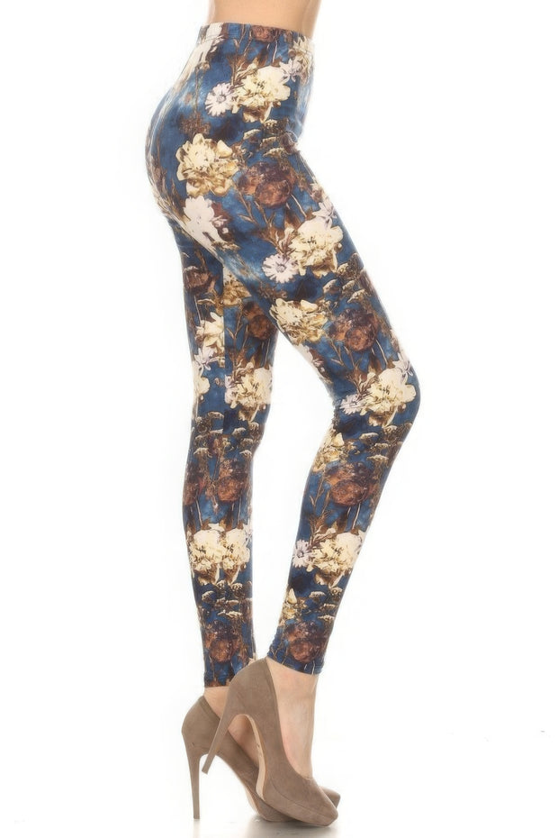 Floral Printed High Waisted Leggings With An Elastic Waist - Fashionmj