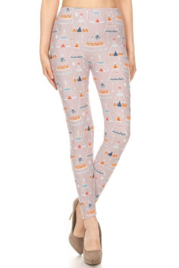 Teepee Print, High Rise, Fitted Leggings, With An Elastic Waistband - Fashionmj