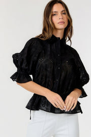 Button-down Collar Neck Embroidered Top - Fashionmj