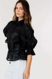 Button-down Collar Neck Embroidered Top - Fashionmj