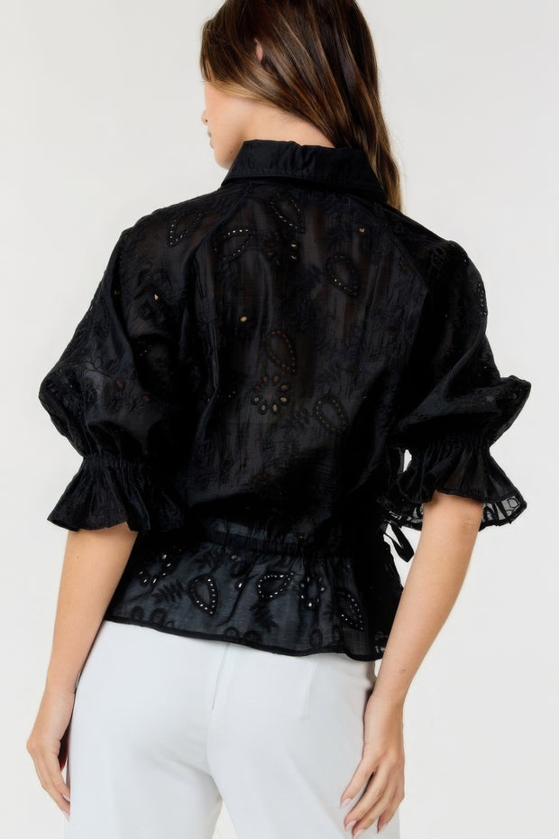 Button-down Collar Neck Embroidered Top - Fashionmj